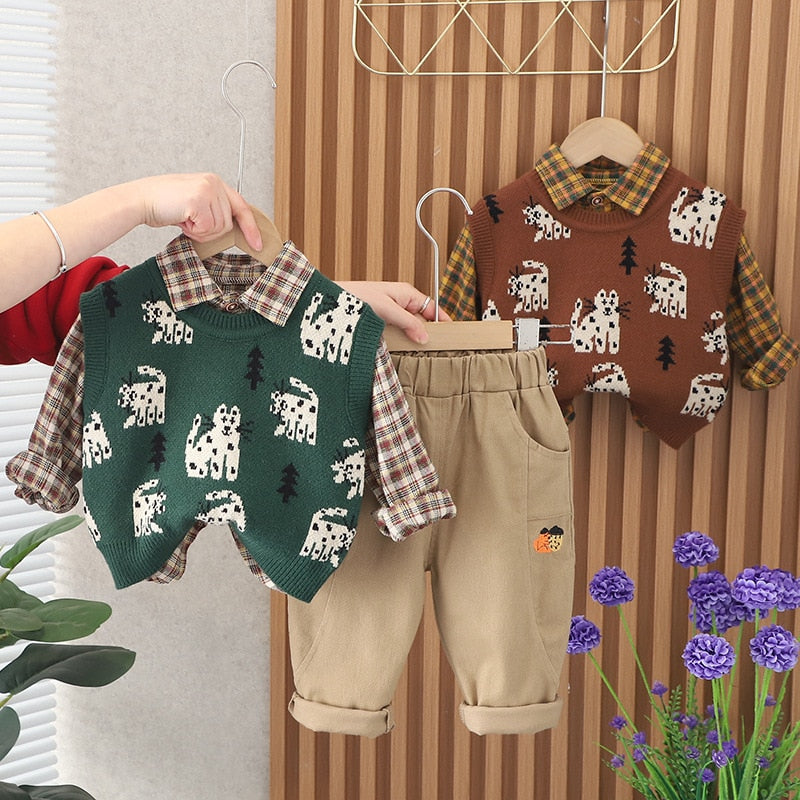 Conjunto Infantil Masculino Xadrez Gatinho 3 Peças