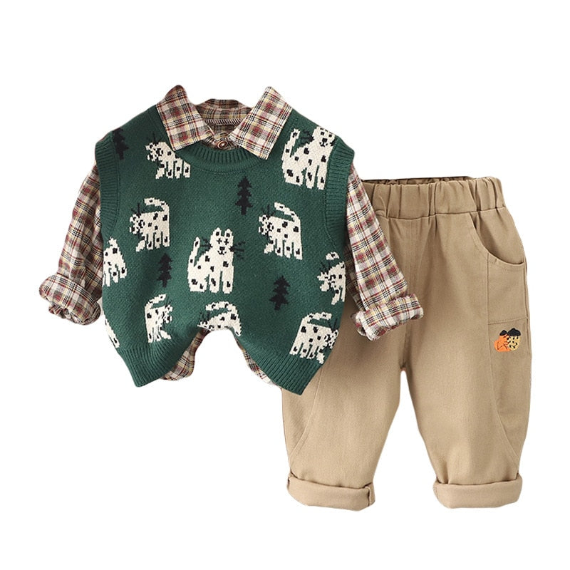 Conjunto Infantil Masculino Xadrez Gatinho 3 Peças